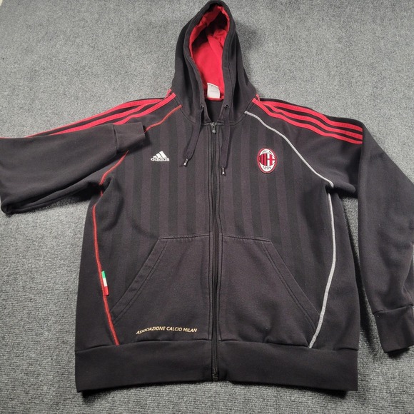 AC Milan Hoodie Mens Large Black Red Soccer Full Zip Adidas Sweatshirt Football - Picture 2 of 8